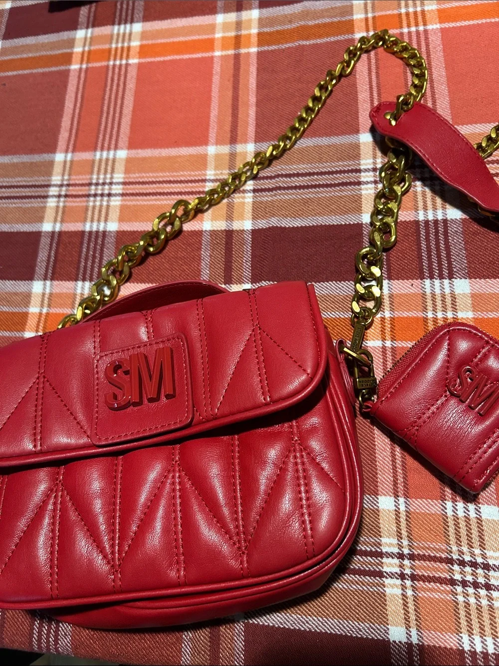 Steve Madden Red Quilted Crossbody Bag with Gold Chain Strap